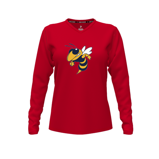 [FTLVPTRD-FYXS-LOGO3] Decker Performance T-Shirt (Female Youth XS, Red, V Neck, Logo 3, Long Sleeve)